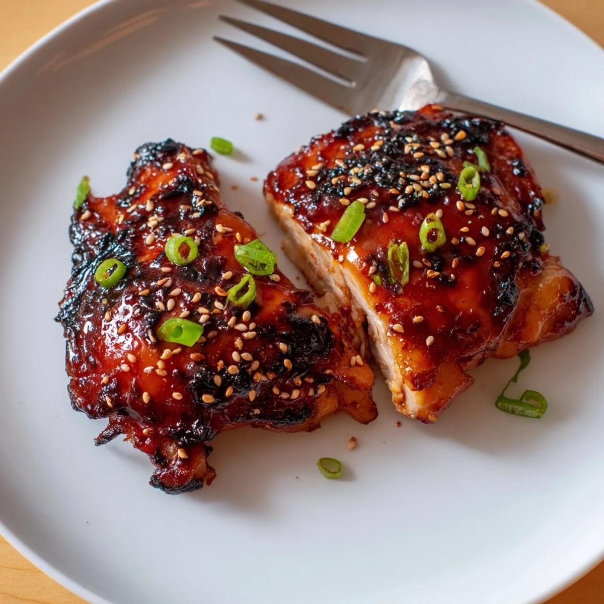 Savory, charred pieces of Juicy Korean Chicken Thighs resting atop steamed rice  