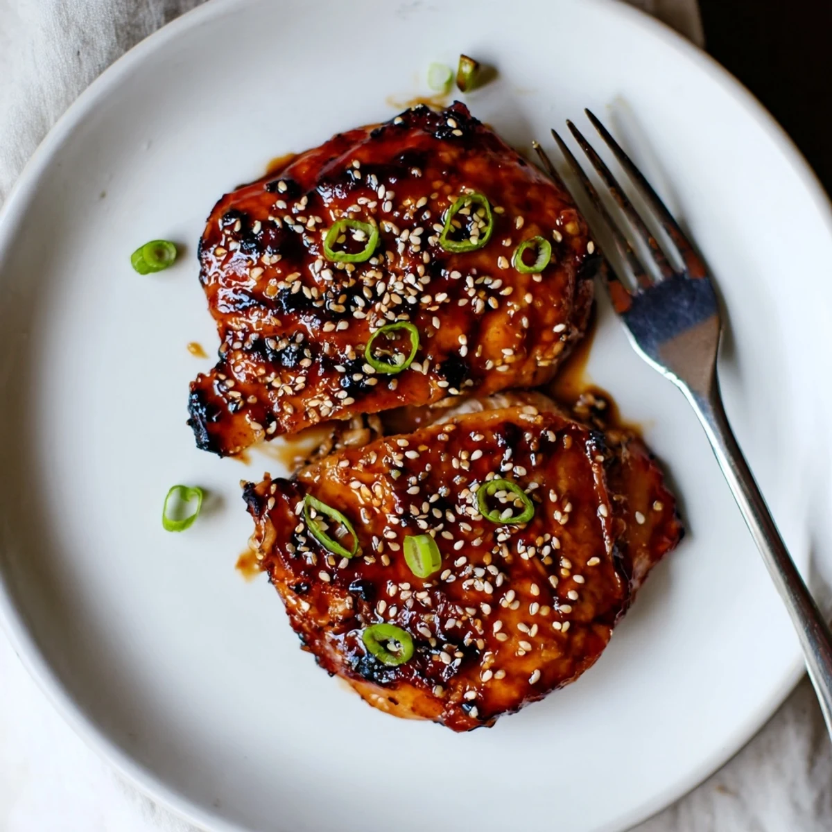 Grilled sticky with gochujang flavor, served with kimchi for Juicy Korean Chicken Thighs