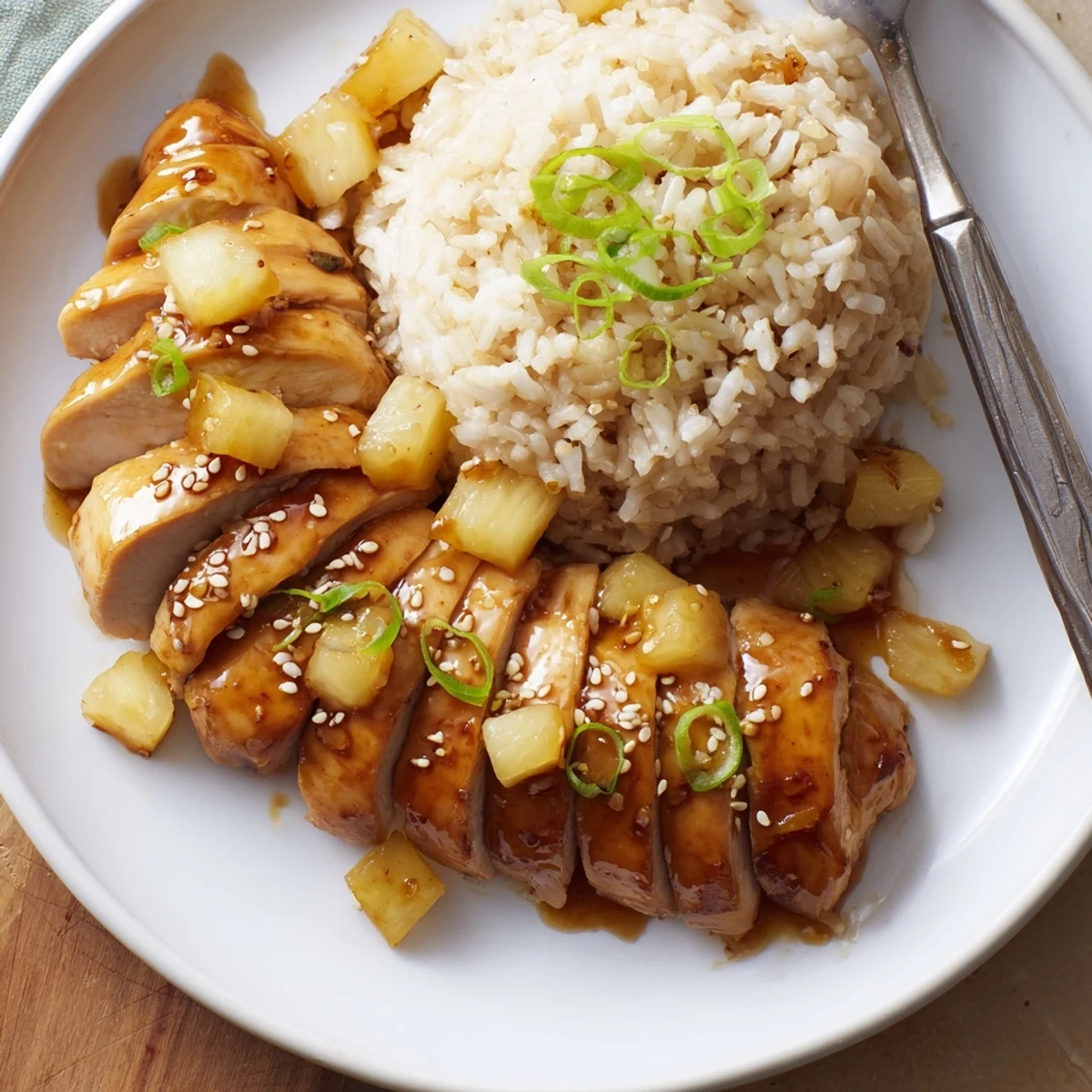 Grilled Hawaiian Chicken With Coconut Rice over fluffy jasmine rice, scallions.
