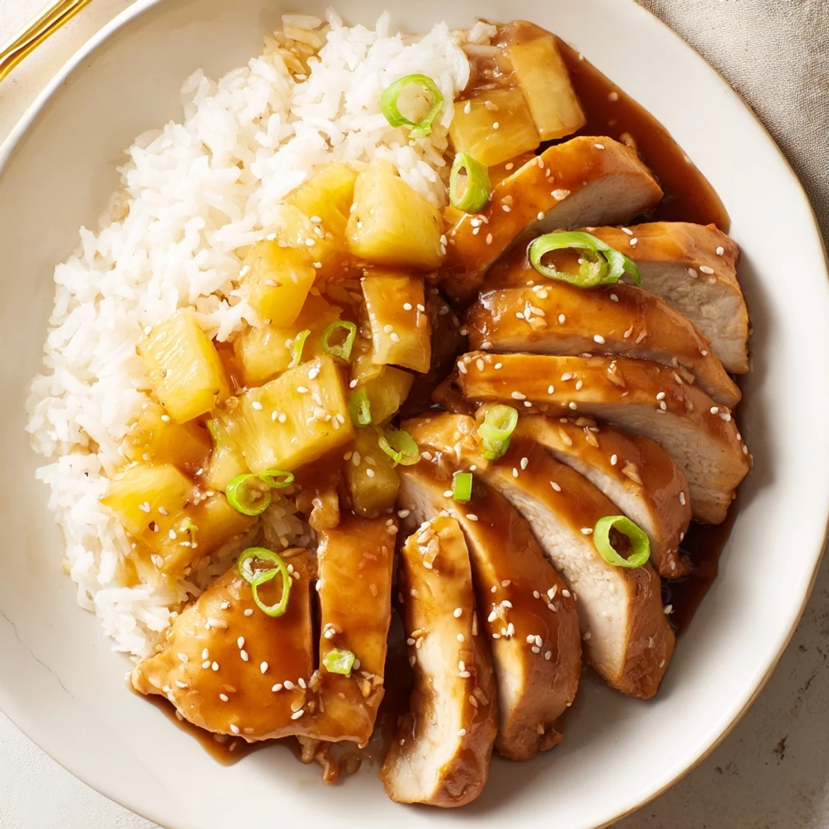 Hawaiian Chicken With Coconut Rice glazed and juicy, plated with pineapple garnish.