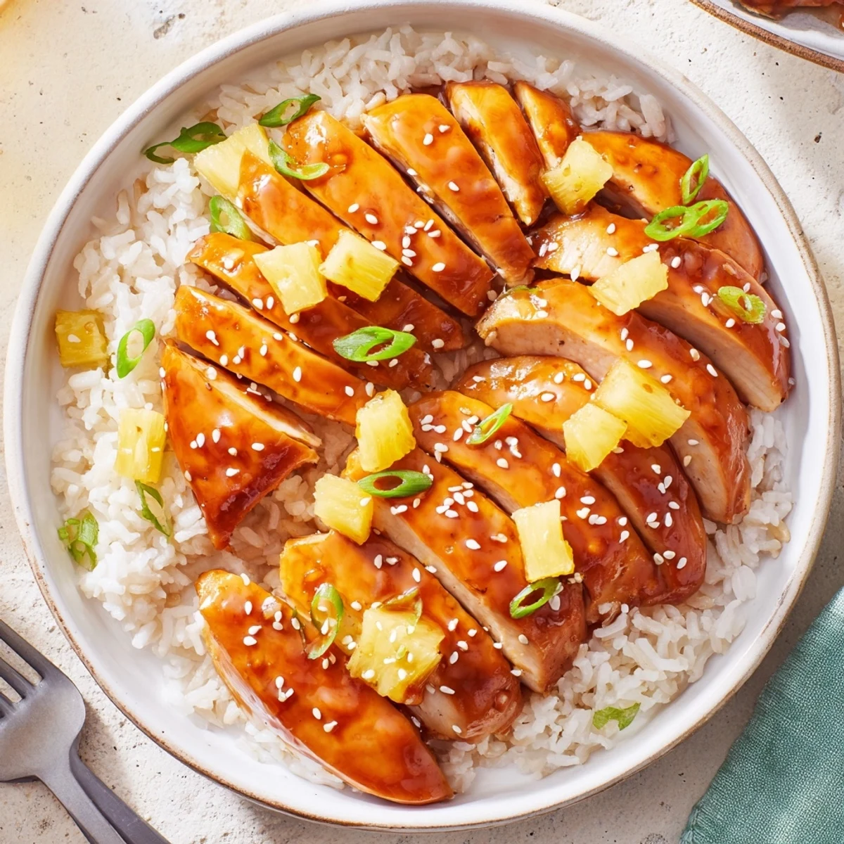 Weeknight Hawaiian Chicken With Coconut Rice served warm, tangy sauce shining.