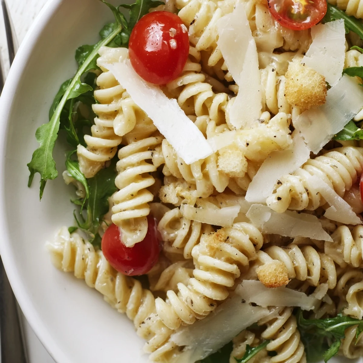 Bright Arugula Pasta Caesar Salad tossed warm with al dente pasta, cherry tomatoes