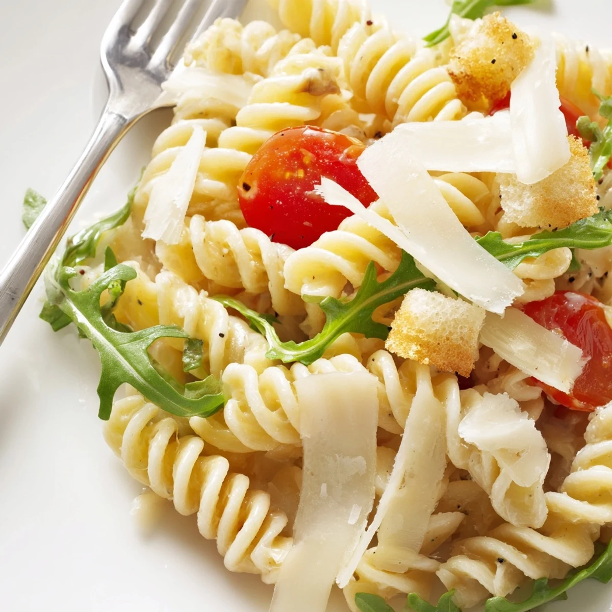 Weeknight Arugula Pasta Caesar Salad served immediately, creamy anchovy dressing, peppery greens