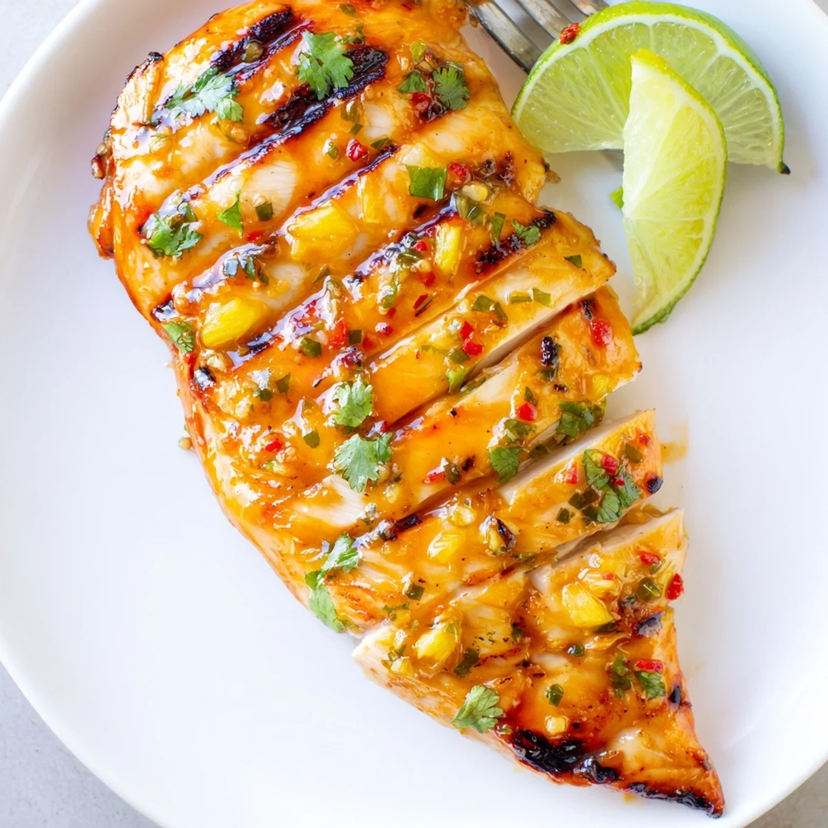 Key West Grilled Chicken With Tropical Citrus Marinade, juicy charred breasts with lime.