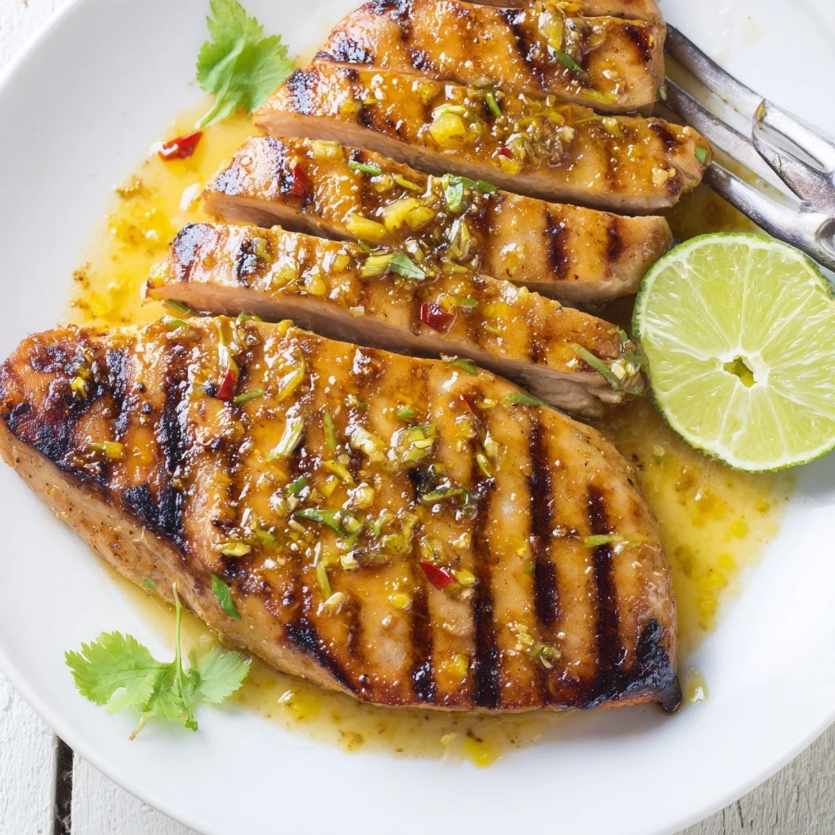 Key West Grilled Chicken With Tropical Citrus Marinade resting on platter, cilantro and wedges.