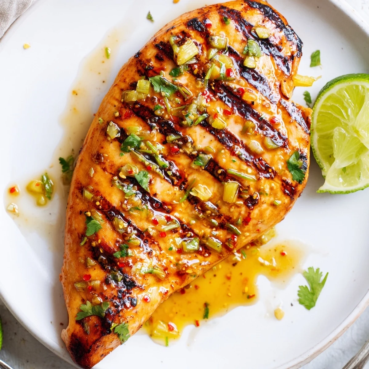 Key West Grilled Chicken With Tropical Citrus Marinade sizzling on grill, sweet tangy glaze.