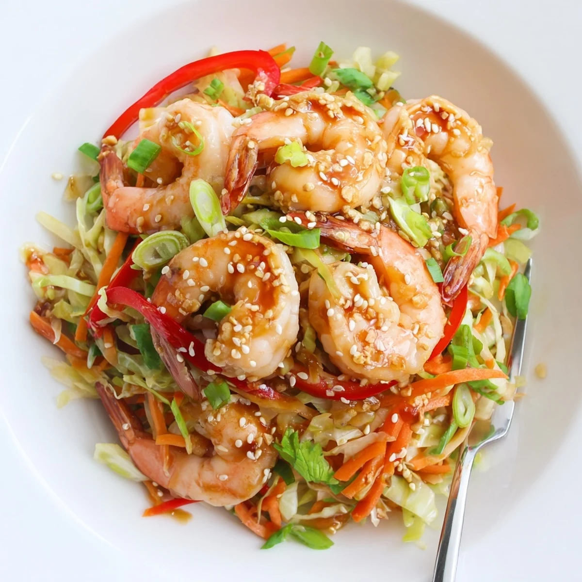 Sizzling skillet Delicious Asian Shrimp And Cabbage Stir Fry with bright vegetables