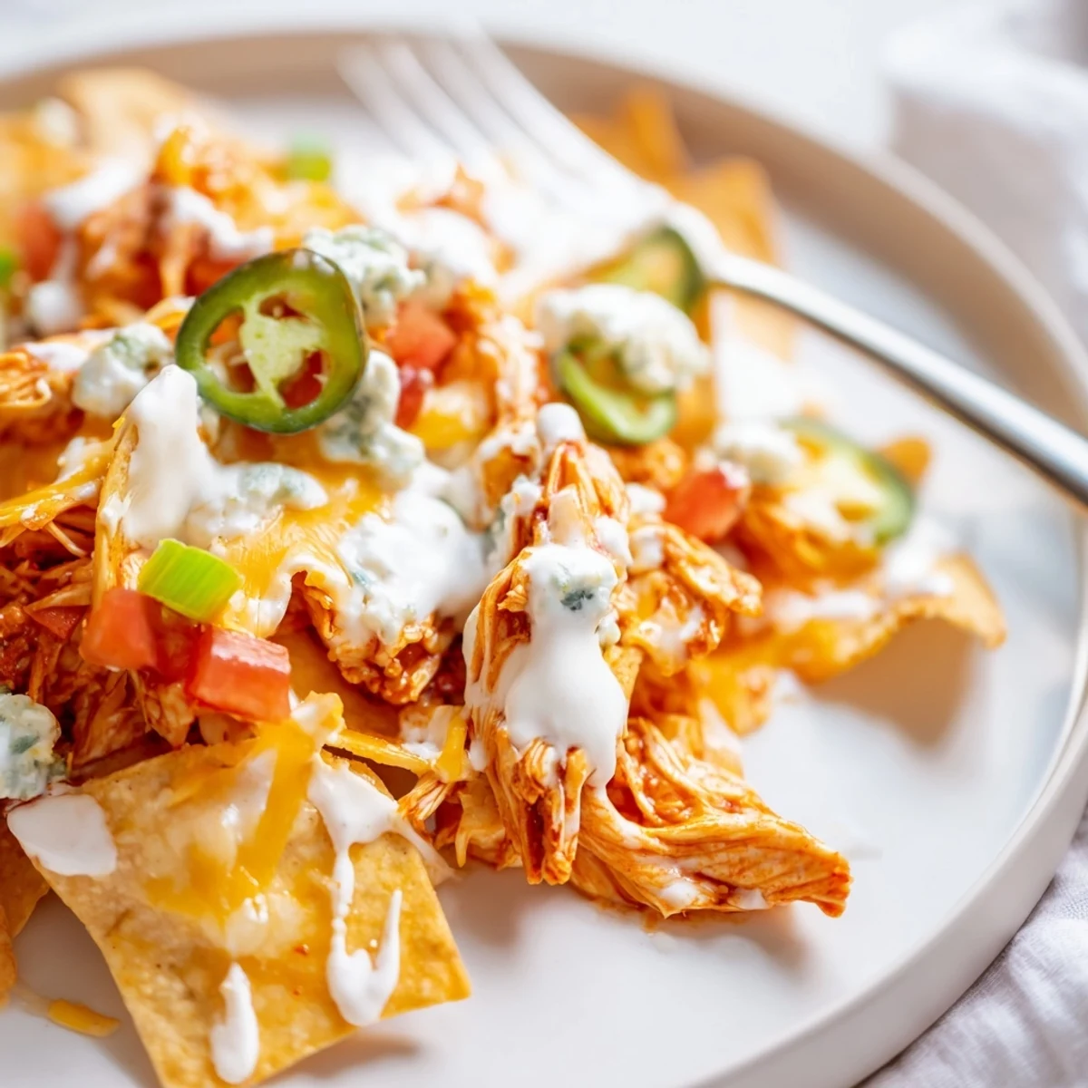 Buffalo Chicken Nachos piled with bubbling cheddar, jalapeños, and creamy ranch drizzle