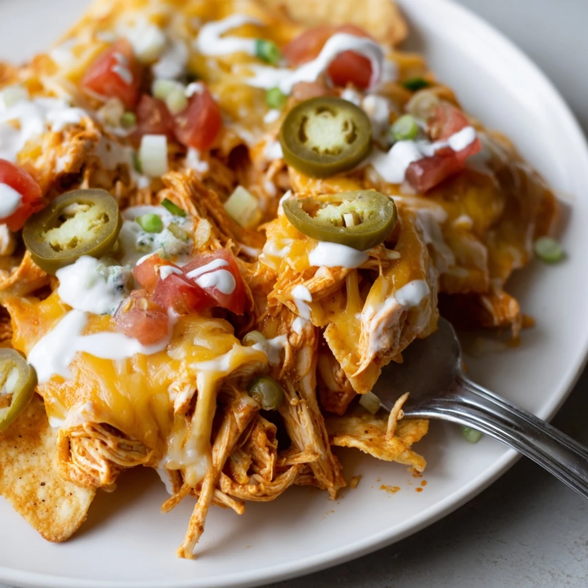 Crispy Buffalo Chicken Nachos on a baking sheet, steaming and cheese-stretching