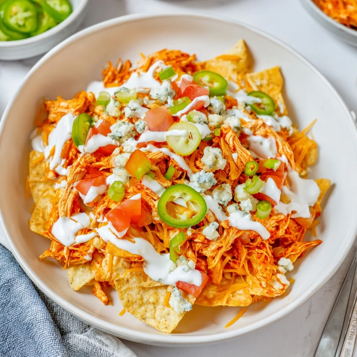 Game-day Buffalo Chicken Nachos topped with blue cheese crumbles and fresh tomatoes