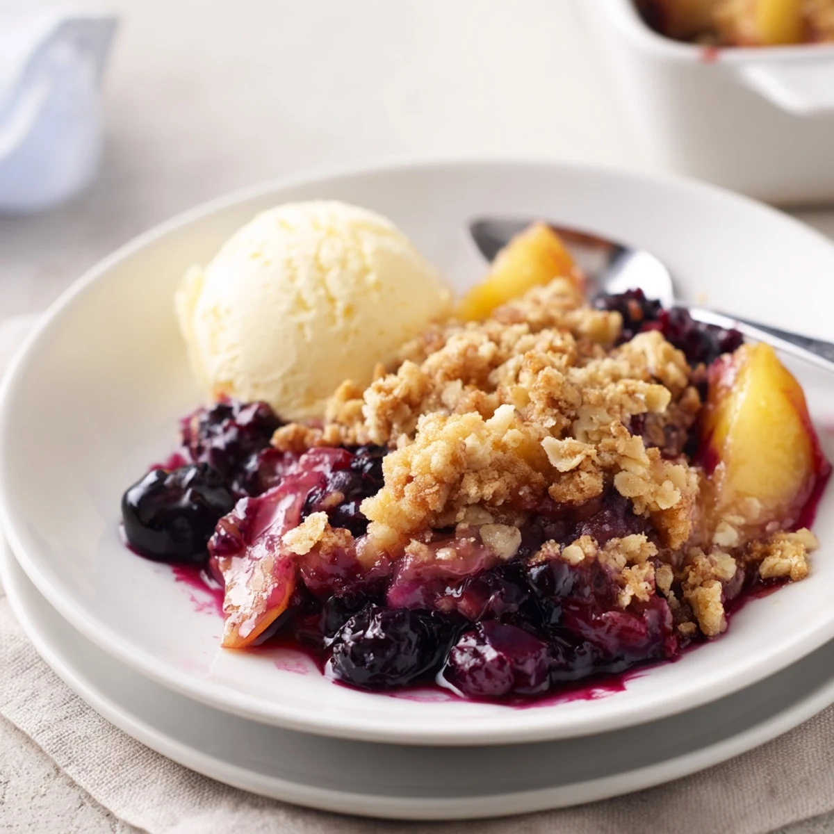 Slice of Blueberry Peach Crumble on plate, topped with melting vanilla ice cream.