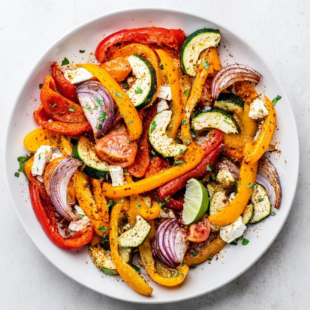 Tajin Feta Sheet Pan Fajitas with roasted peppers, zesty lime and cilantro.
