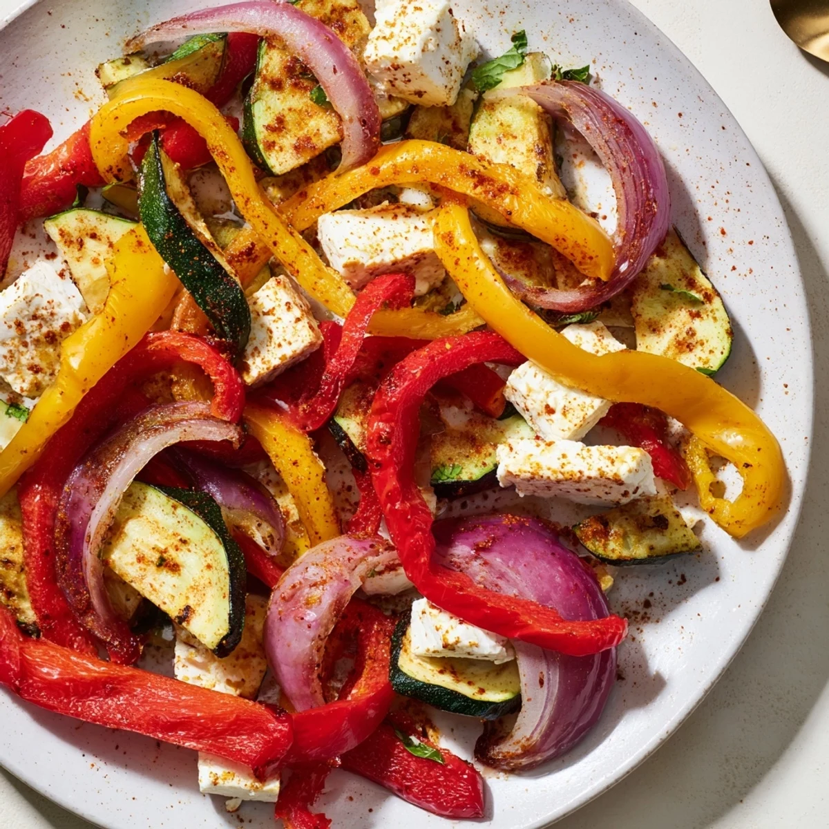 A close-up of Tajin Feta Sheet Pan Fajitas steaming on parchment.