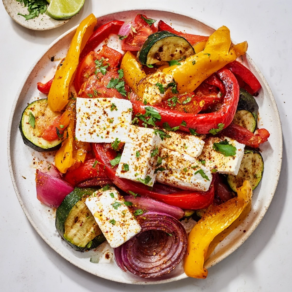 Warm tortillas piled beside Tajin Feta Sheet Pan Fajitas, avocado optional.