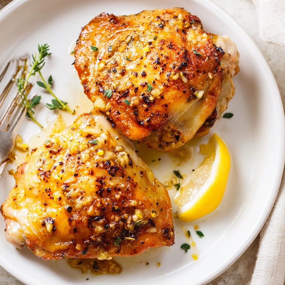Juicy Lemon Pepper Chicken Thighs on parchment, ready to rest and garnish