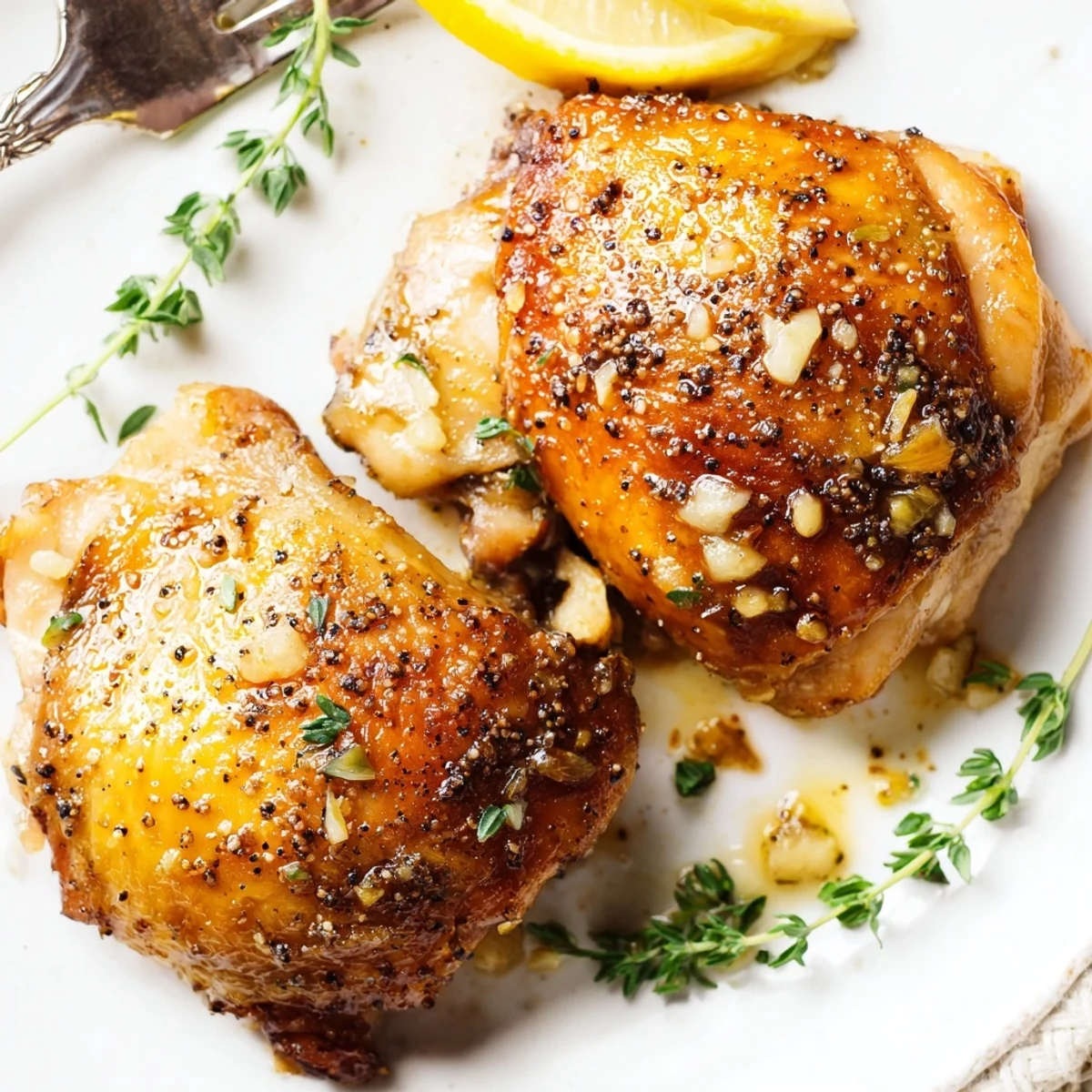 Crispy roasted Lemon Pepper Chicken Thighs glistening with lemon juice and herbs