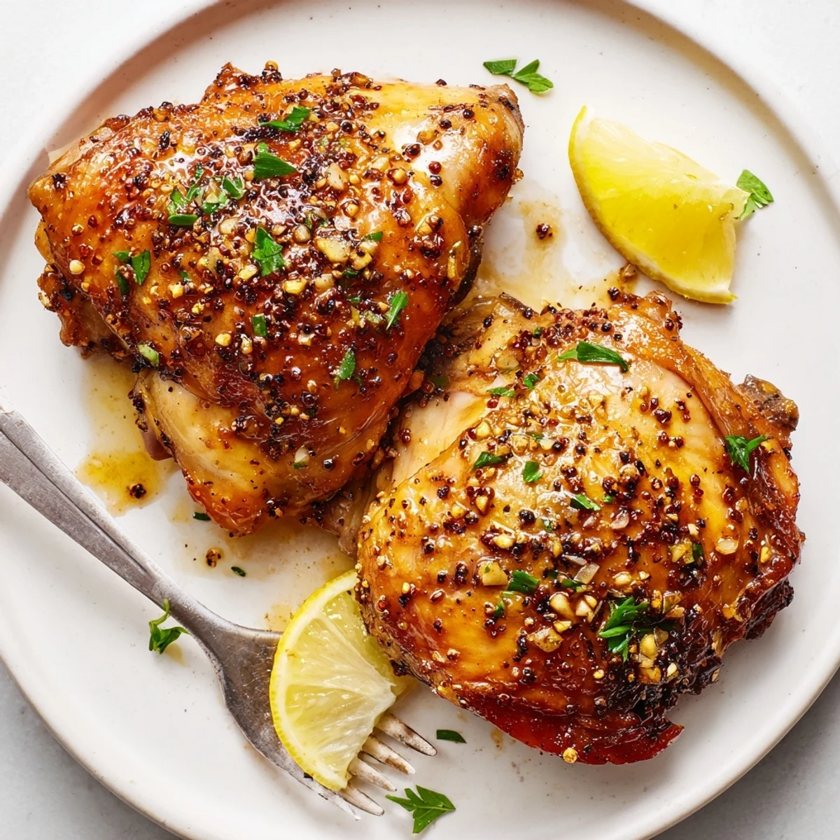 Golden, zesty Lemon Pepper Chicken Thighs served with crisp roasted potatoes