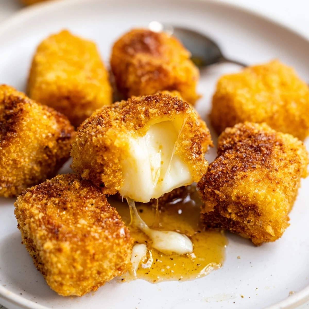 Plate of Irresistible Crispy Mozzarella Poppers With Maple Glaze glistening, warm and golden
