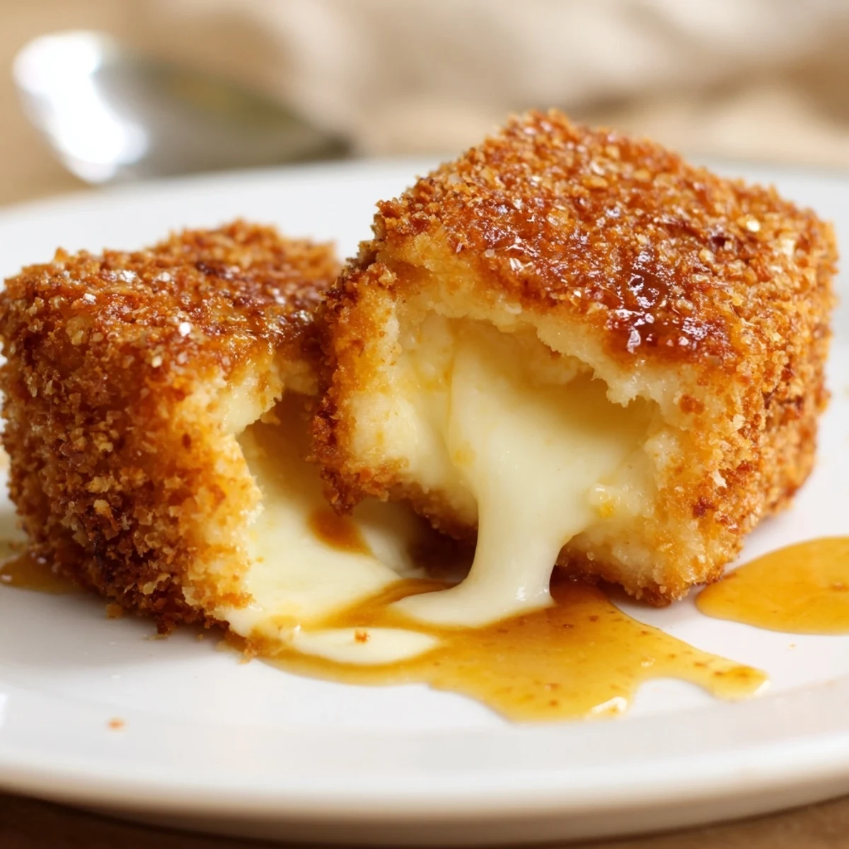 Close-up of Irresistible Crispy Mozzarella Poppers With Maple Glaze, crunchy crust and smoky glaze