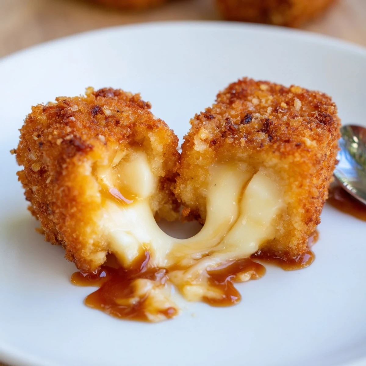 Stack of Irresistible Crispy Mozzarella Poppers With Maple Glaze, oozing gooey cheese for dipping