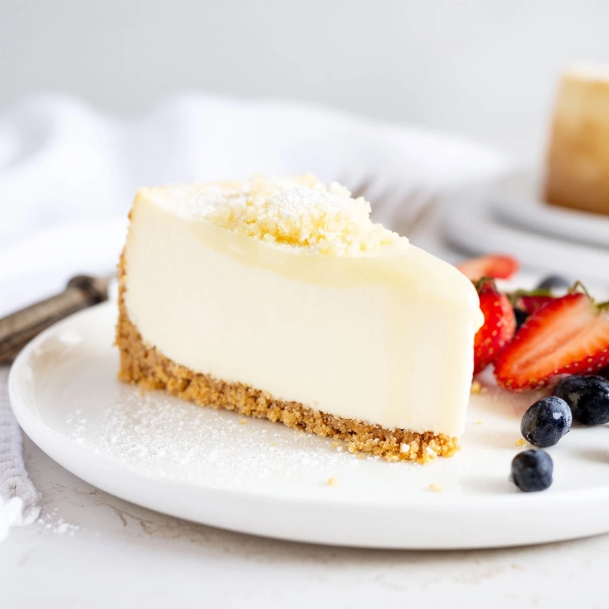 Sliced Classic Cheesecake on white plate, silky filling and zesty lemon hint.