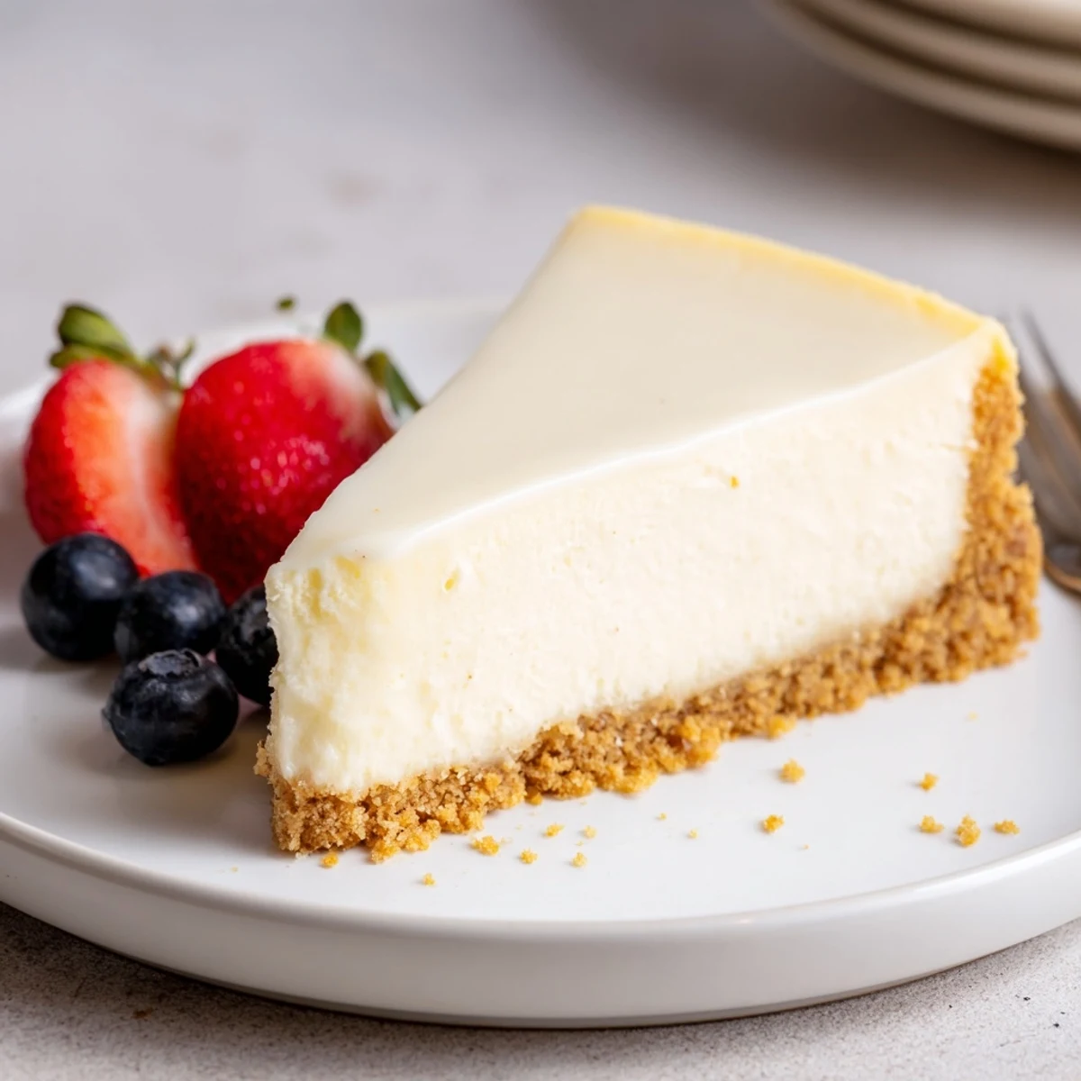 Classic Cheesecake with golden graham crust, creamy center, served with berries.