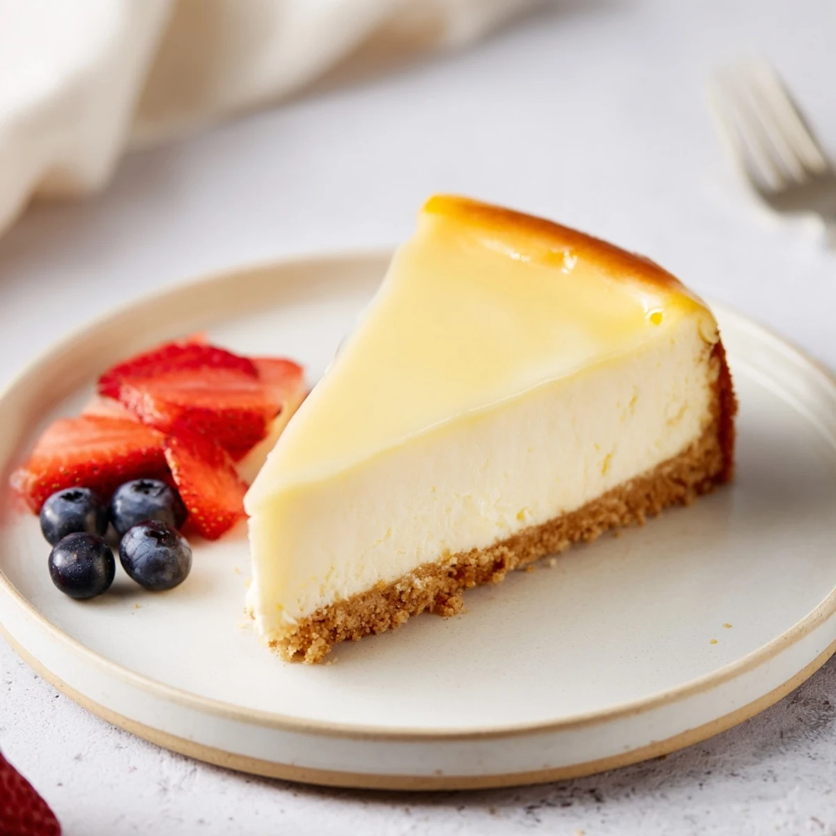 Chilled Classic Cheesecake, dense yet smooth, topped with dollop of sour cream.