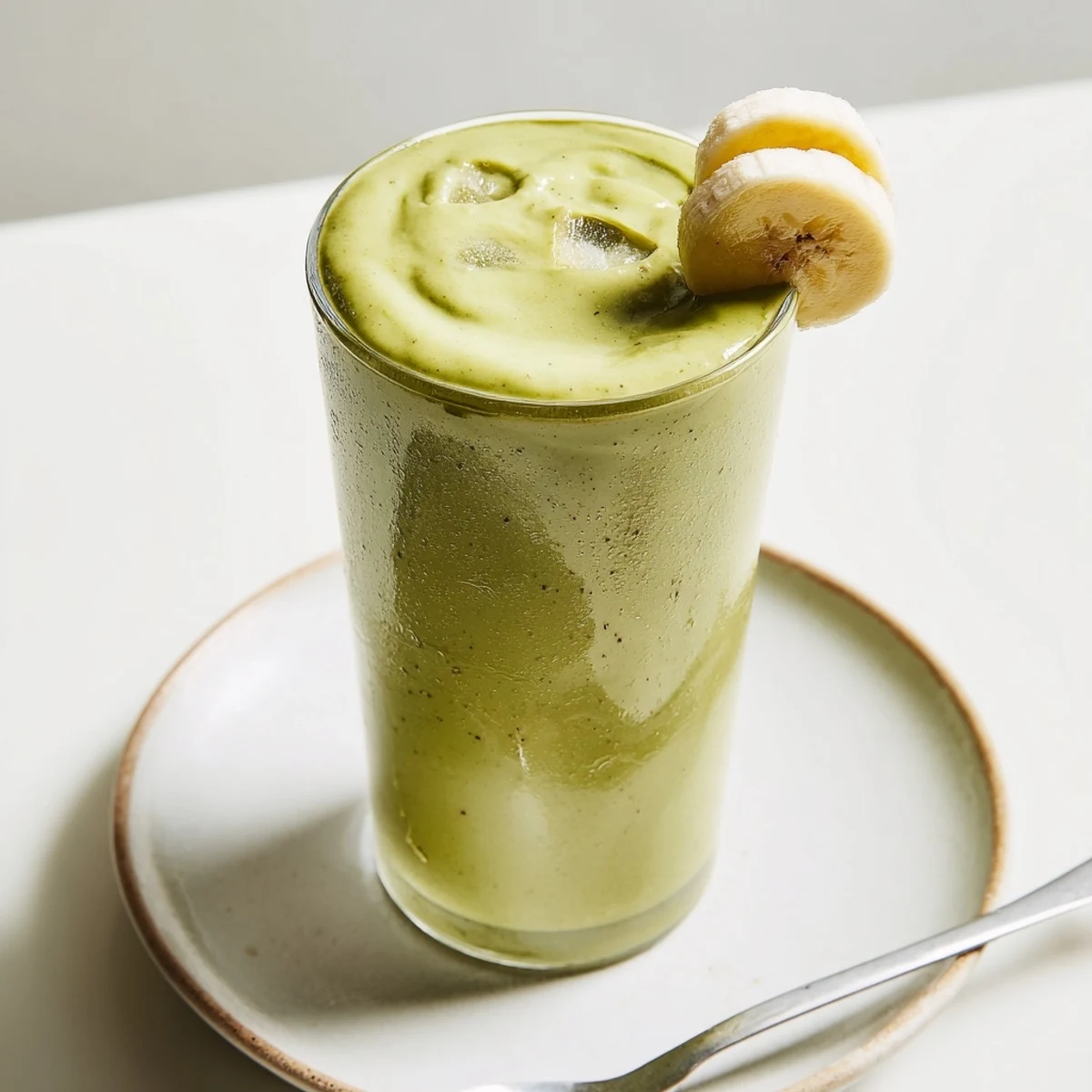 Creamy, vibrant Matcha Smoothie in chilled glass with banana and frothy top.