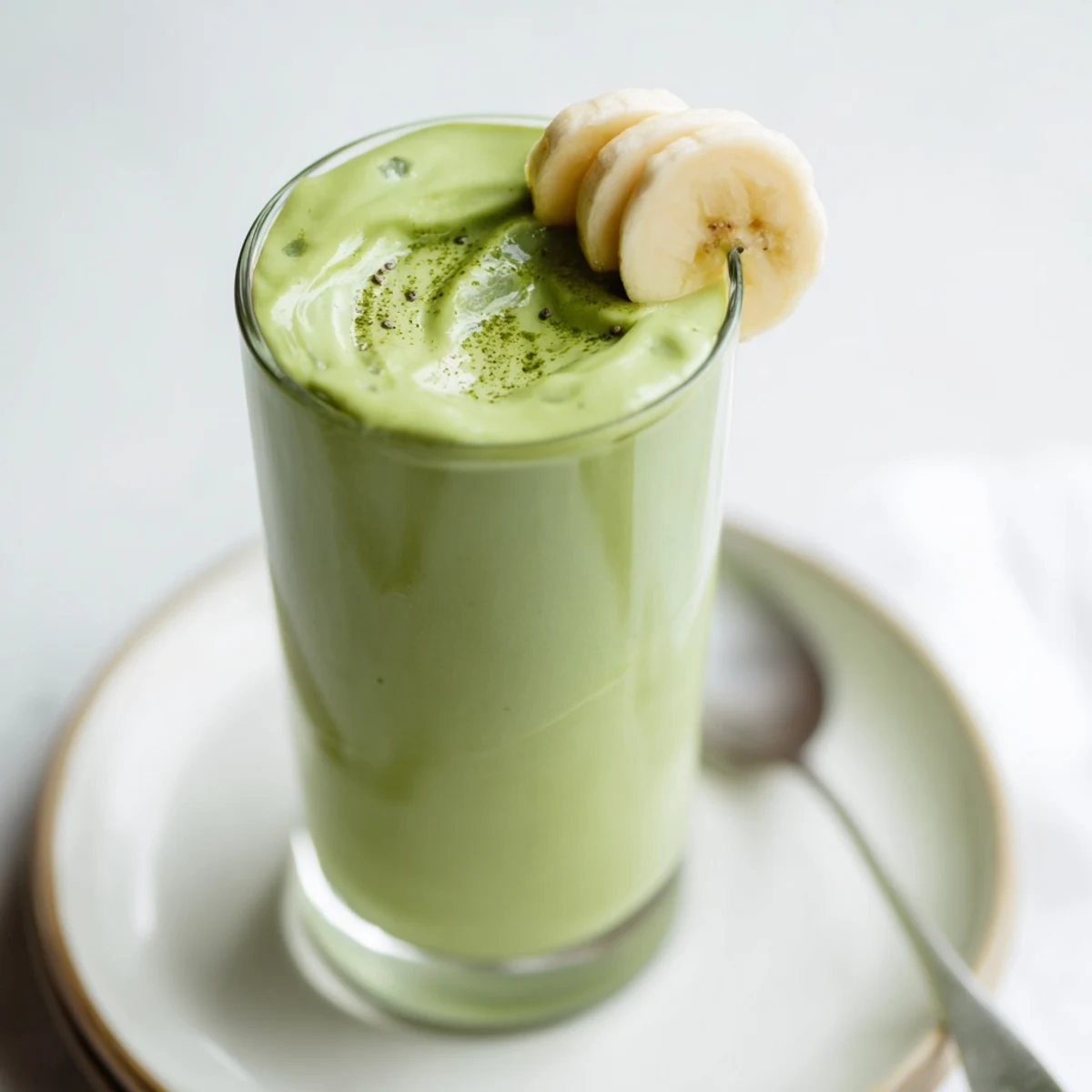 Icy Matcha Smoothie blended with almond milk, maple sweetness, served with straw.