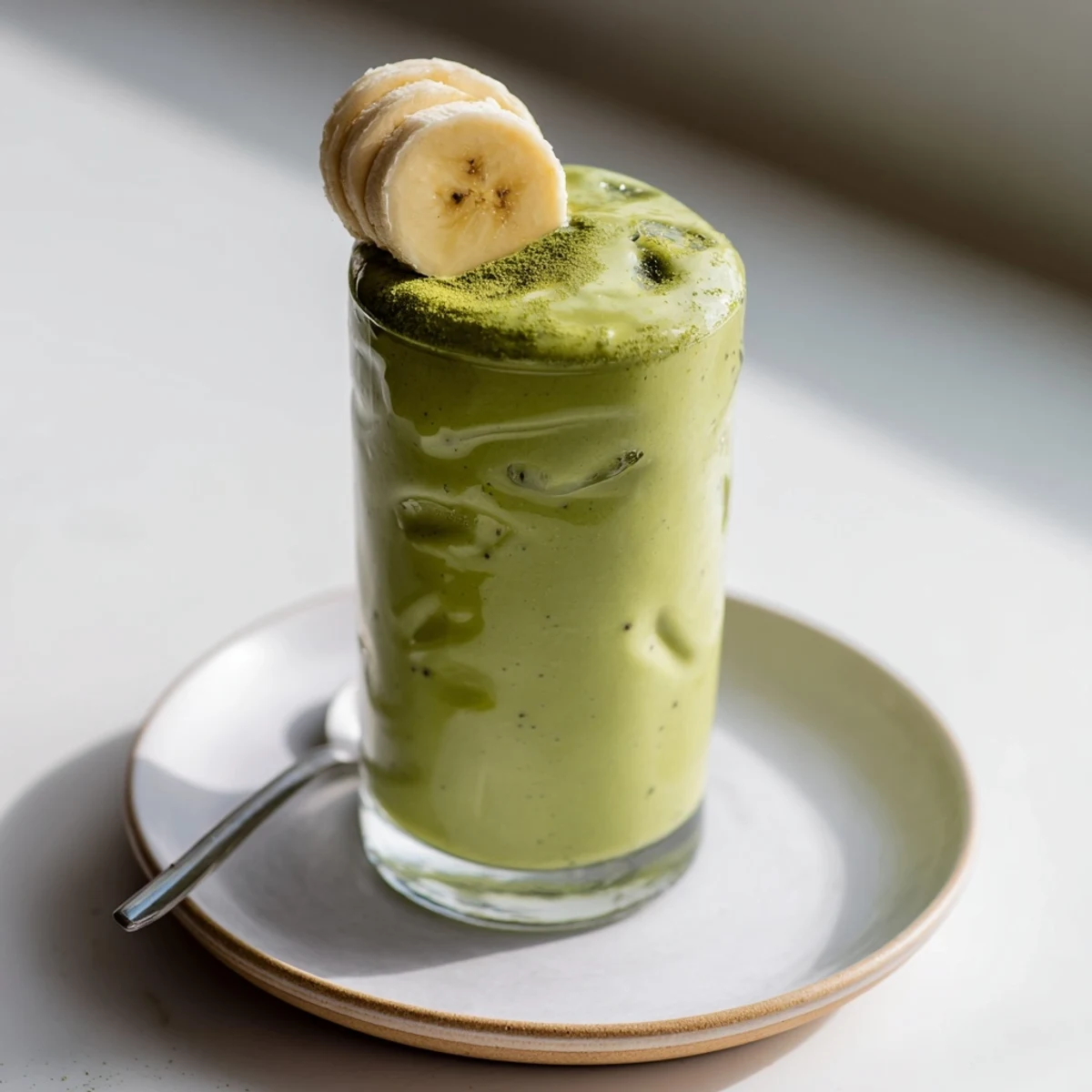 Bright green Matcha Smoothie topped with chia seeds, a perfect morning pick me up.