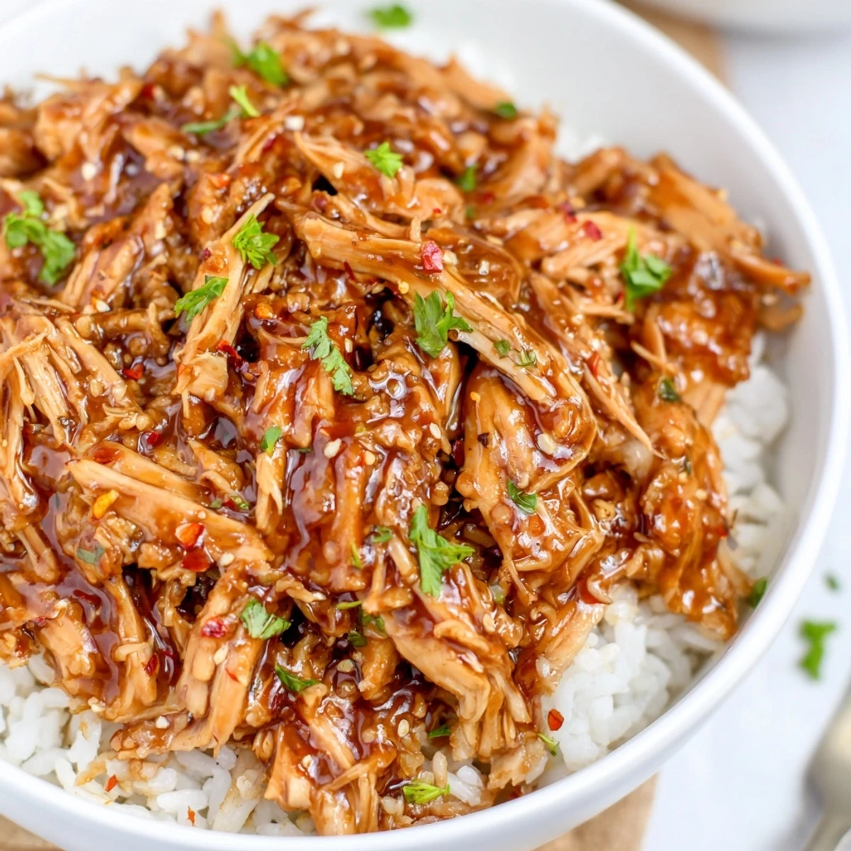 Weeknight Crockpot Honey Garlic Chicken with glossy savory-sweet sauce, garnished with green onions