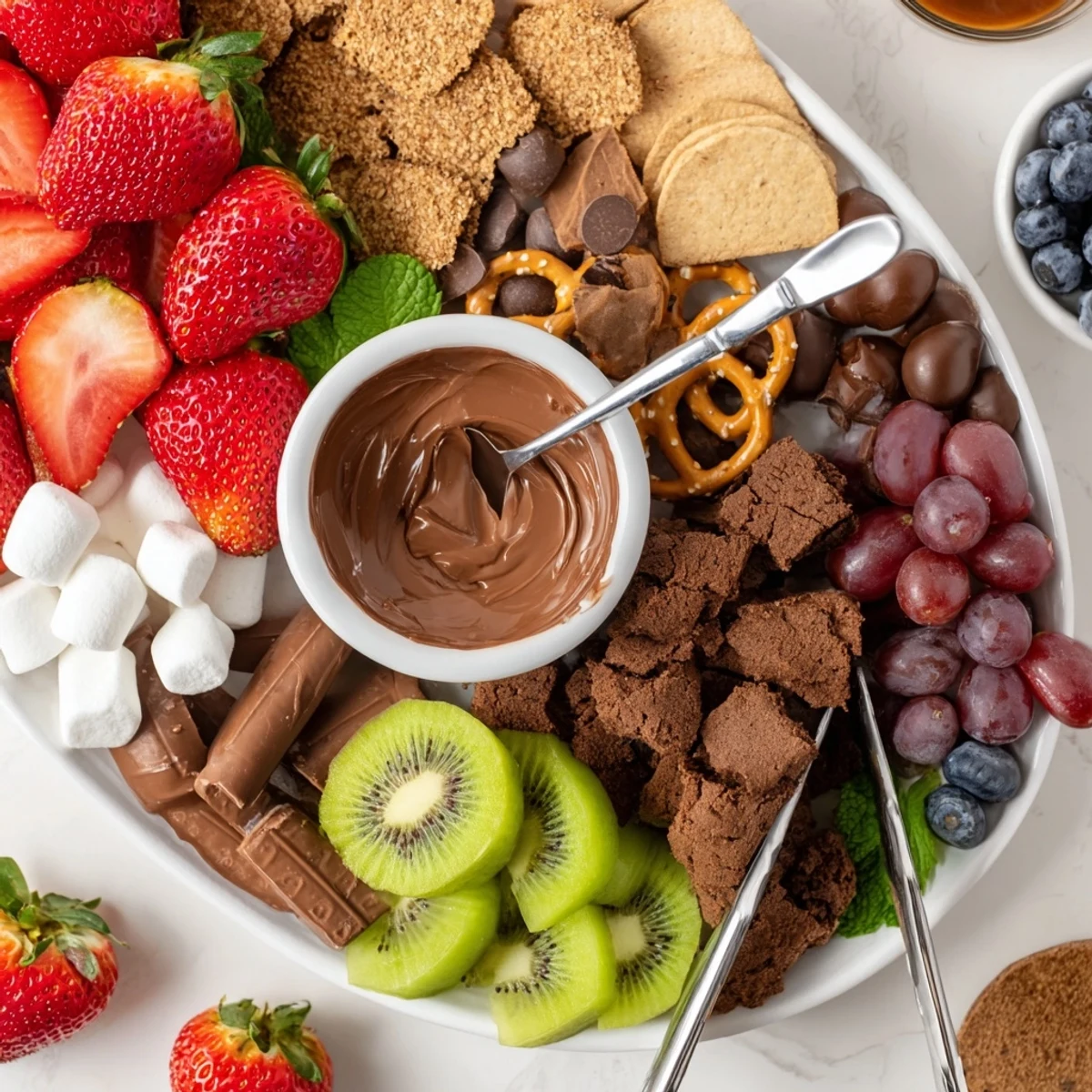 Dessert Charcuterie Board with juicy strawberries, chocolates, and caramel dipping bowls.