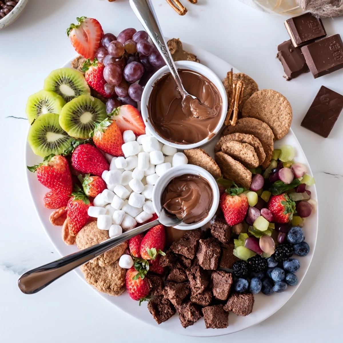 Festive Dessert Charcuterie Board on wooden platter with crunchy pretzels, ready for sharing.