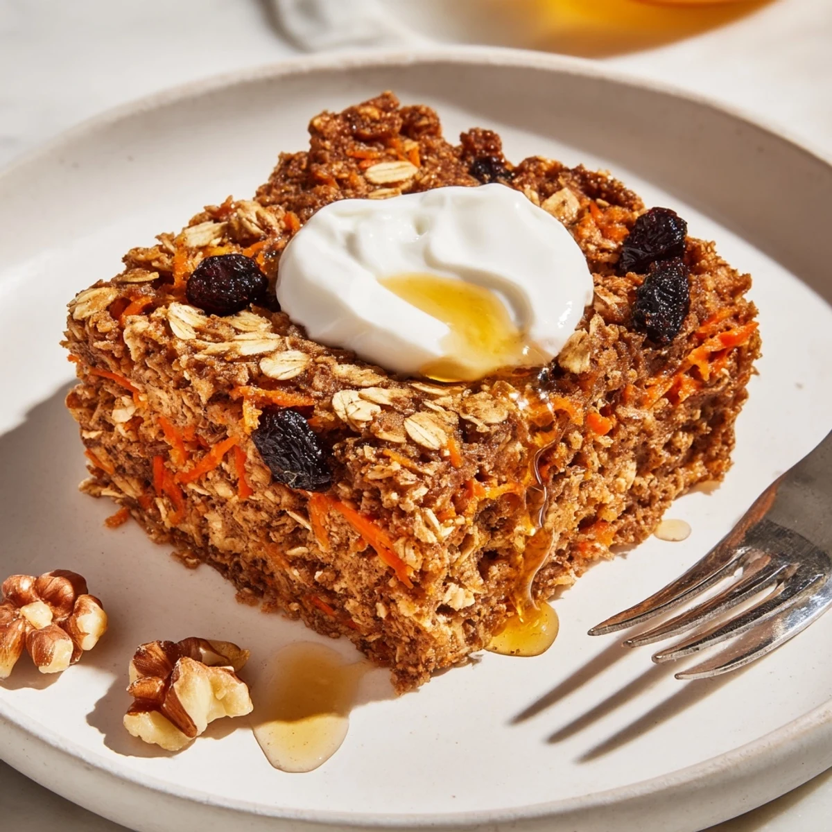 Warm Carrot Cake Baked Oatmeal cooling in baking dish, cinnamon aroma