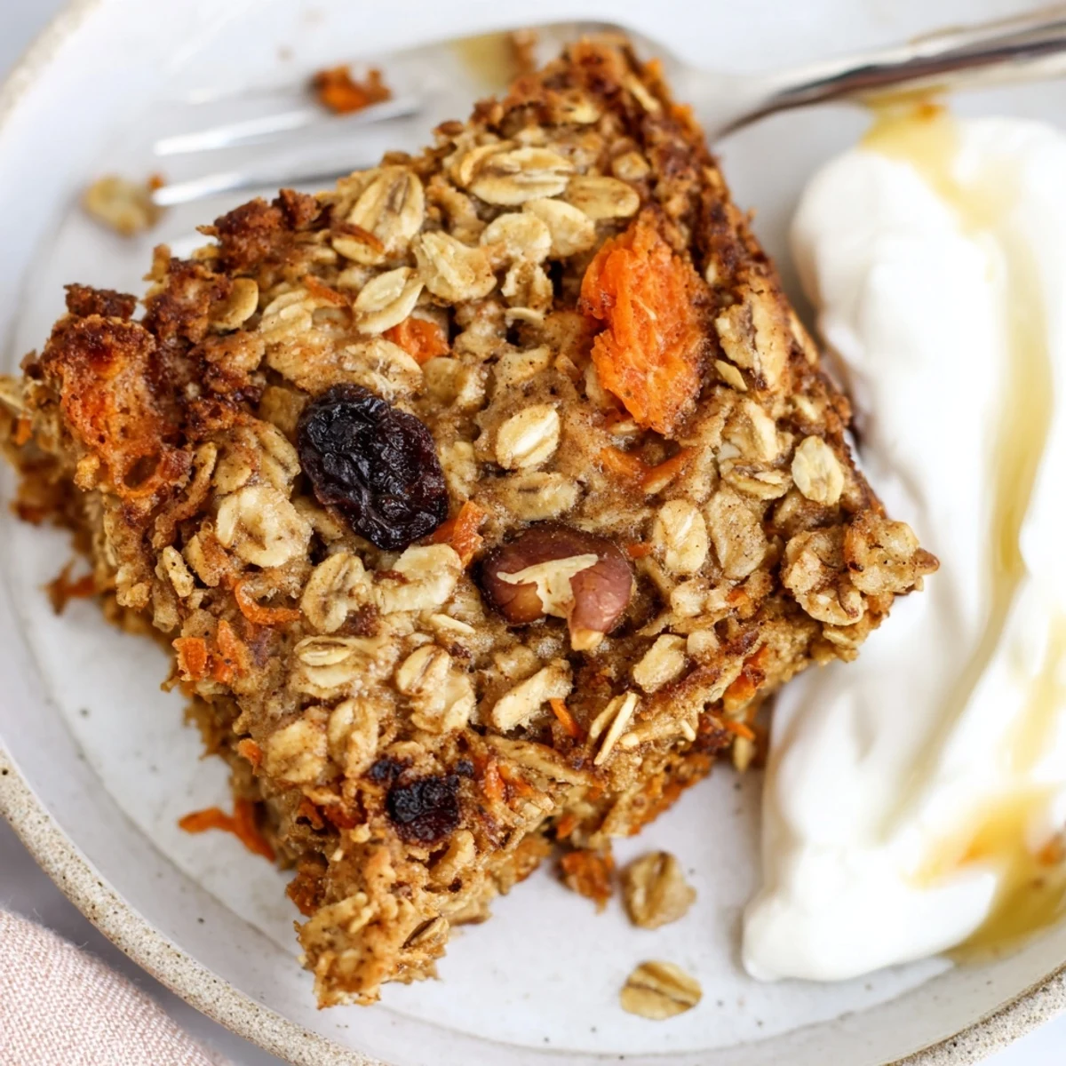 Slice of Carrot Cake Baked Oatmeal served with dollop of yogurt