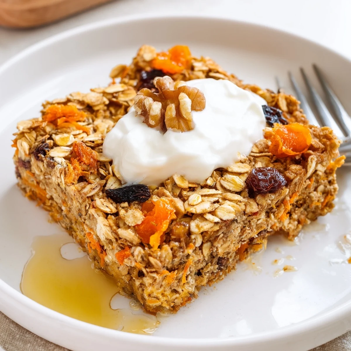 Hearty Carrot Cake Baked Oatmeal studded with raisins and toasted walnuts