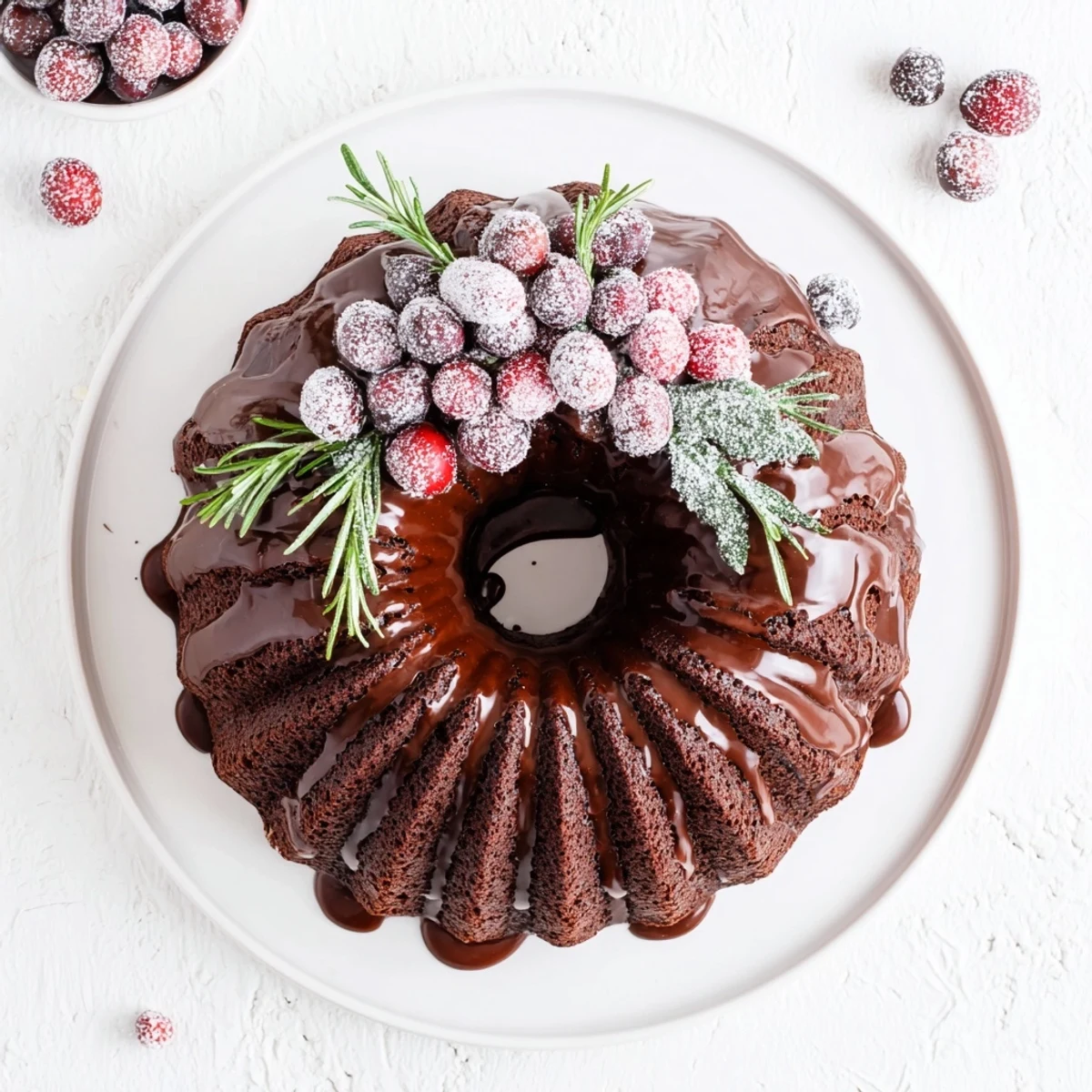 Chocolate Bundt Cake Christmas Wreath glistening with chocolate glaze and sugared cranberries