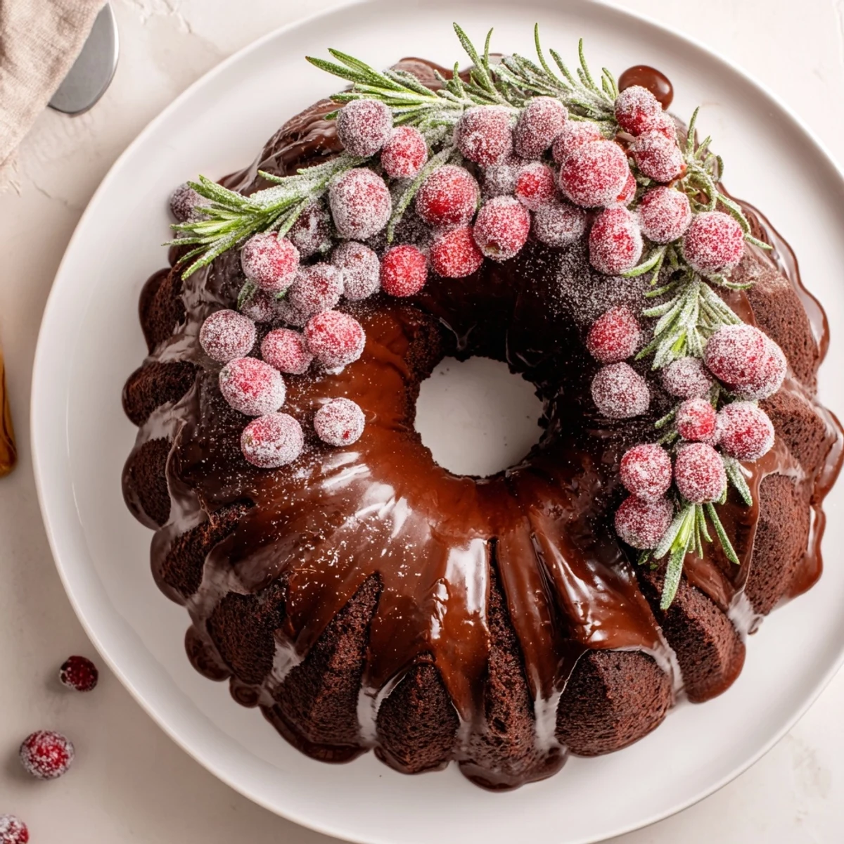 Chocolate Bundt Cake Christmas Wreath dusted in powdered sugar, rosemary sprigs as centerpiece