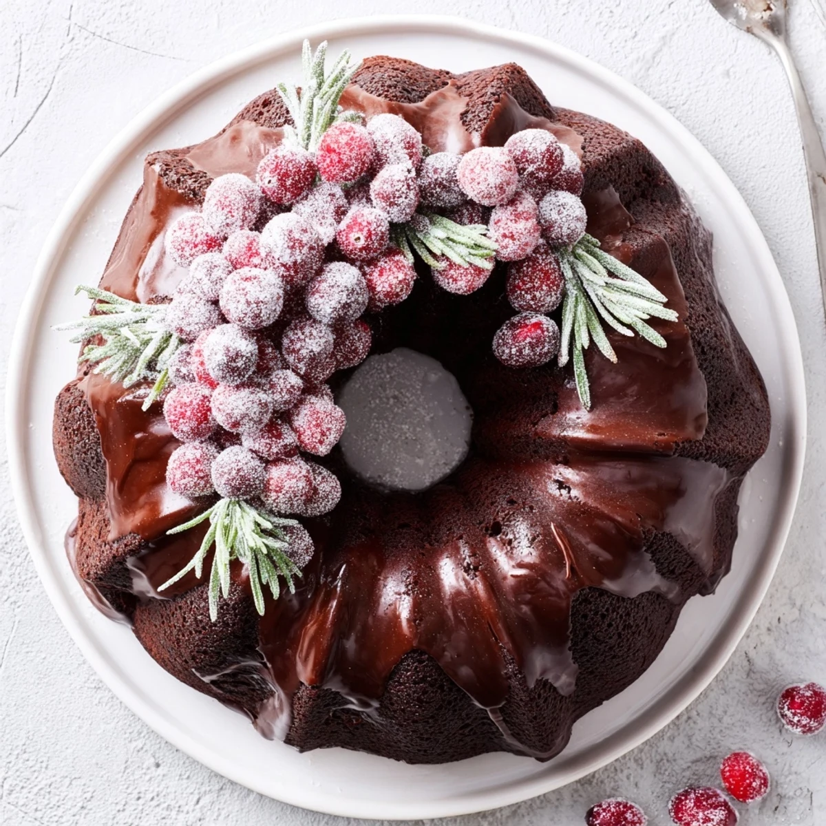 Chocolate Bundt Cake Christmas Wreath sliced, warm chocolate glaze pooling, perfect with hot cocoa