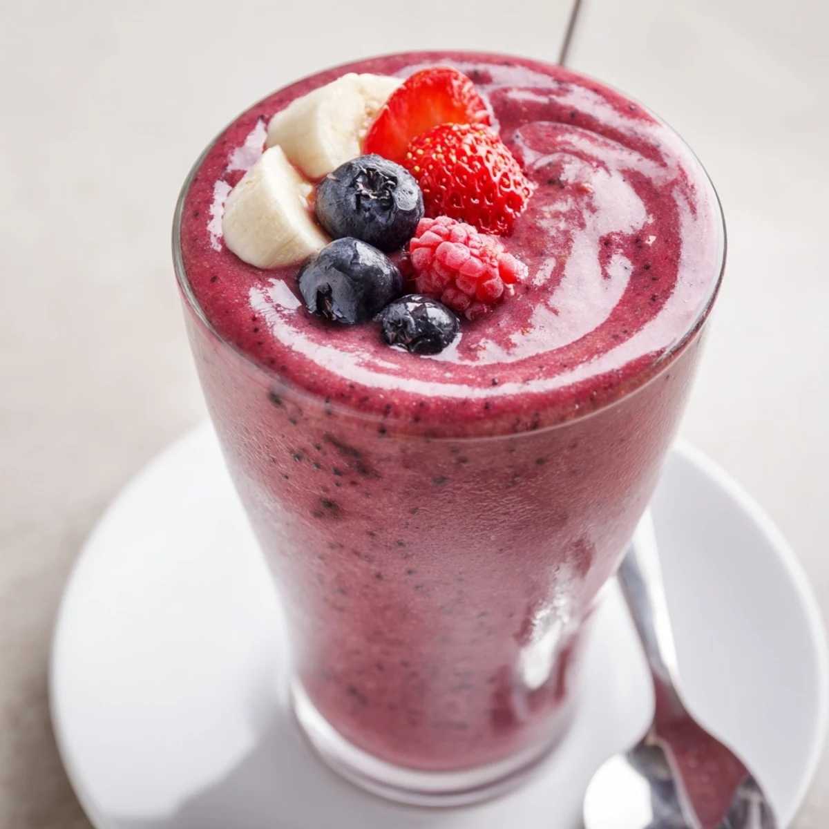 Summer Berry Smoothie in a glass, creamy pink, topped with fresh berries