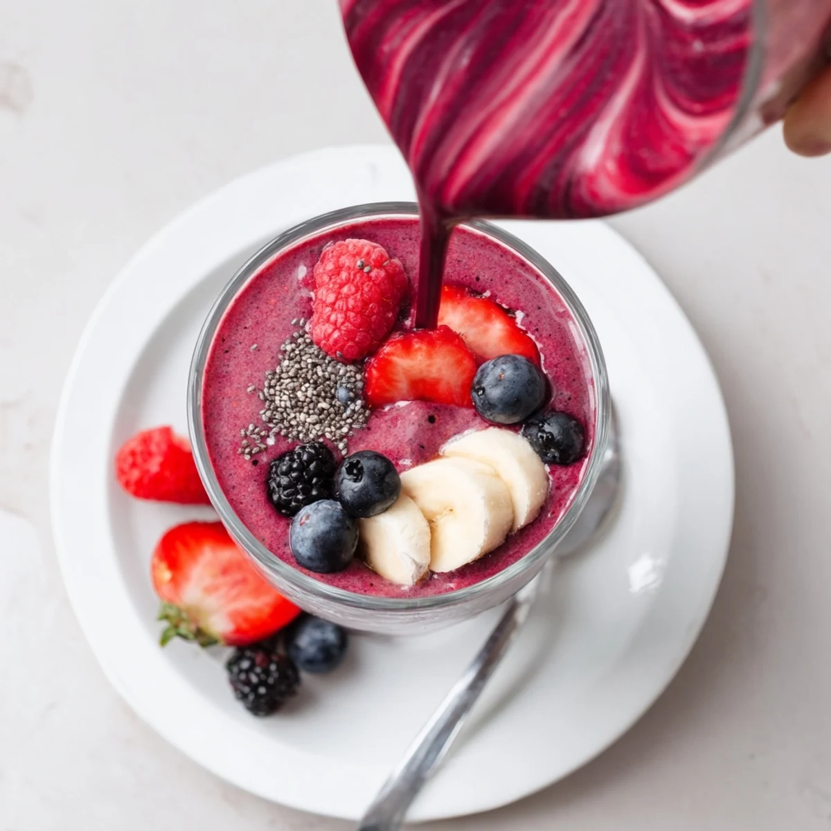 Chilled Summer Berry Smoothie with banana and almond milk, tangy sweet sip