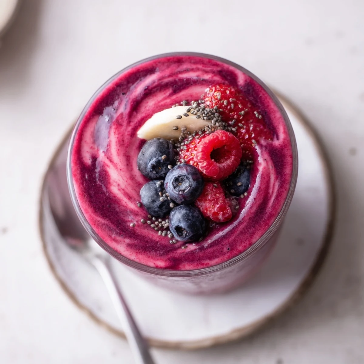 Frosty Summer Berry Smoothie poured beside granola bowl, vibrant berry aroma