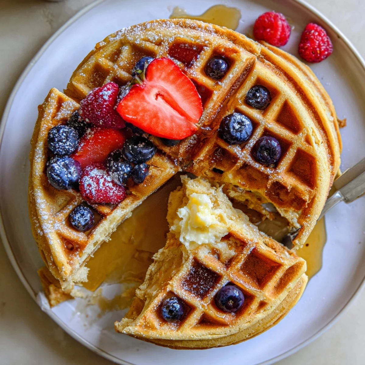 Almond Flour Waffles With Berries, golden and fluffy, drizzled with maple syrup  