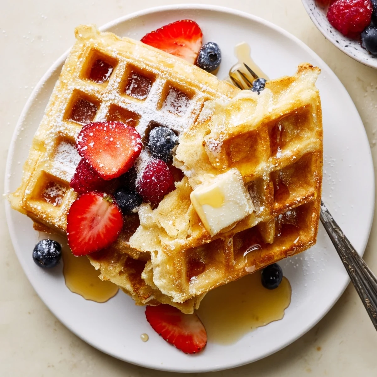 Warm Almond Flour Waffles With Berries topped with mixed berries and melted butter  