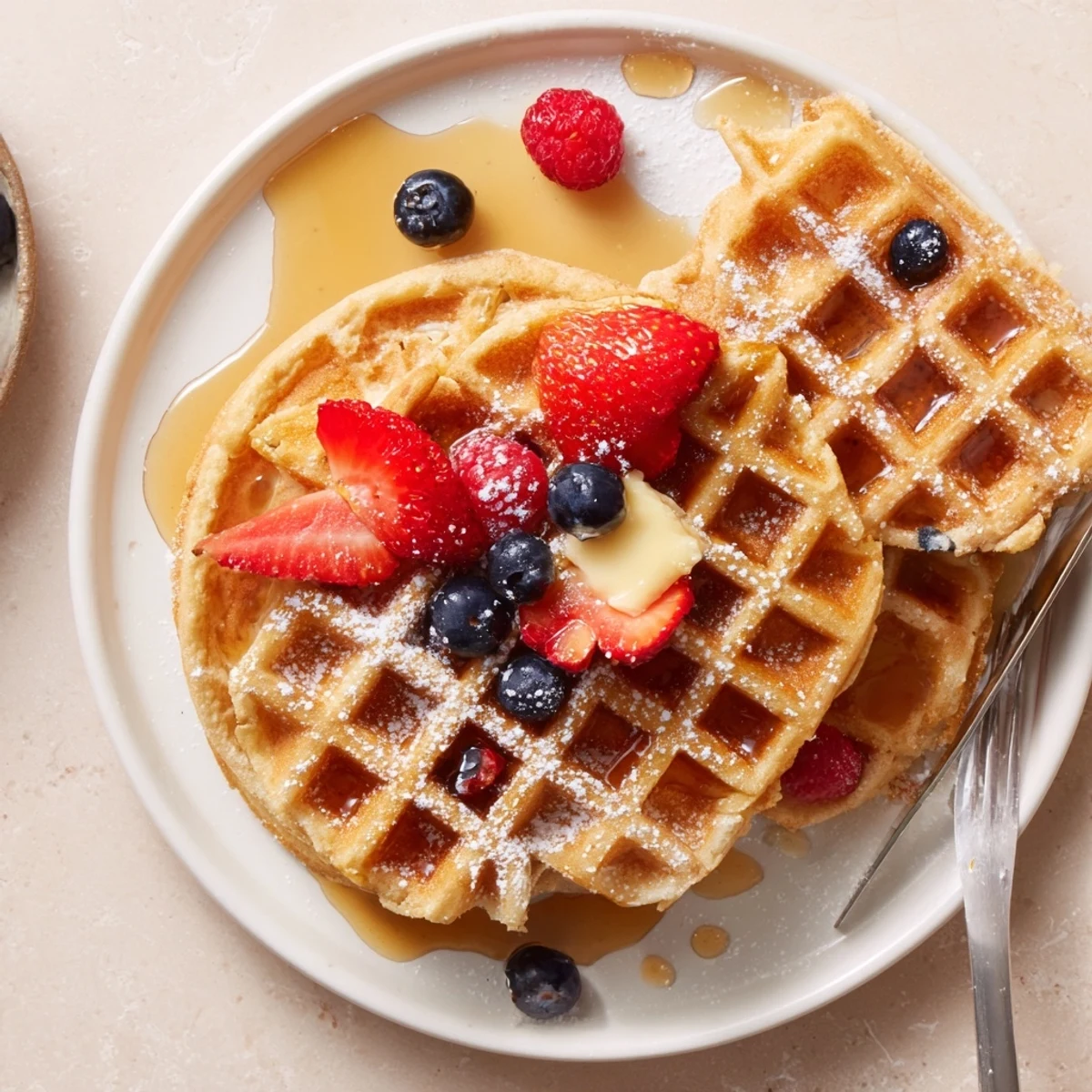 Almond Flour Waffles With Berries, crispy edges and tender centers, vanilla fragrance