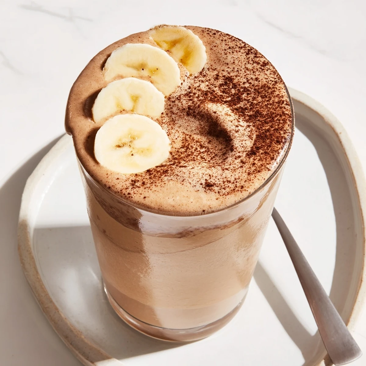 Chocolate Peanut Butter Banana smoothie topped with banana slice and peanut butter drizzle