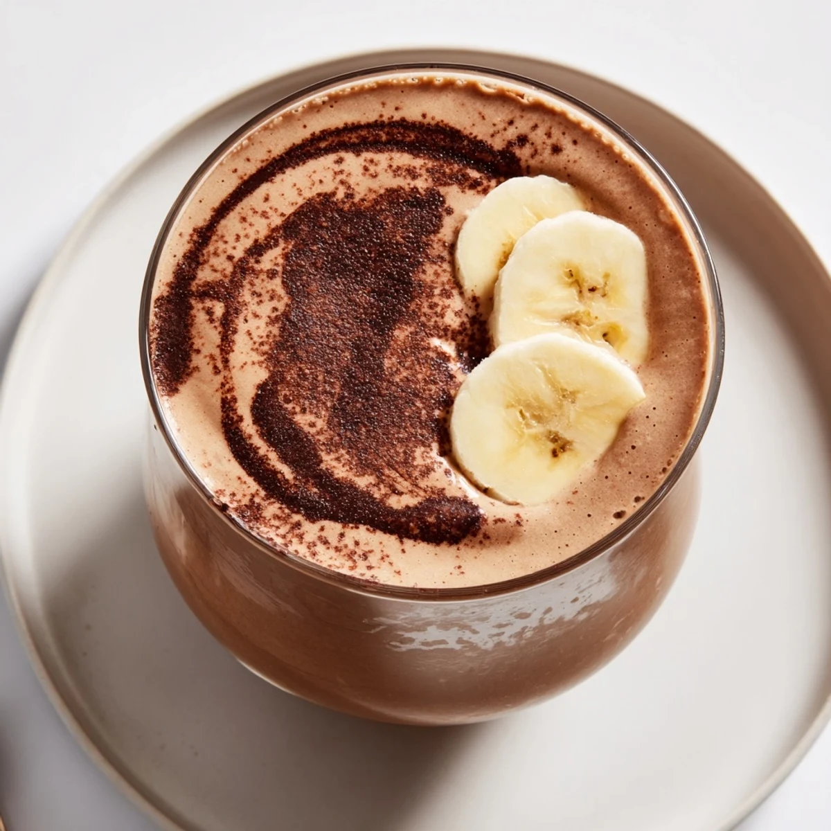 Creamy Chocolate Peanut Butter Banana blend served cold in a frosty glass