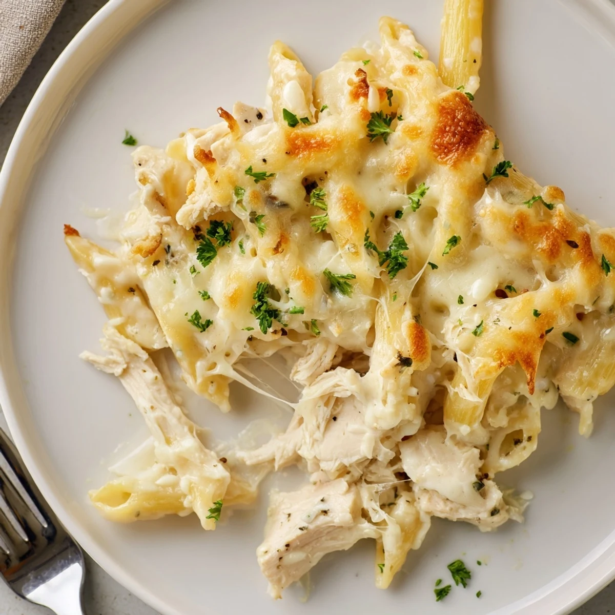 Creamy Chicken Alfredo Bake With Mozzarella Crust oozes cheesy sauce, warm and comforting.