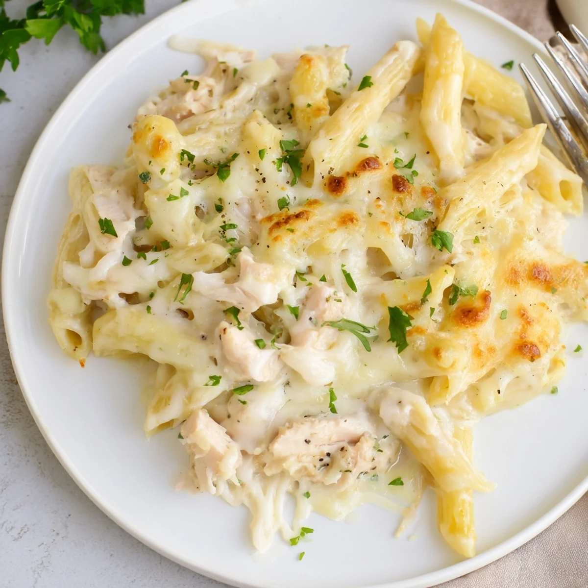Hearty slices of Creamy Chicken Alfredo Bake With Mozzarella Crust plated with garlic bread.