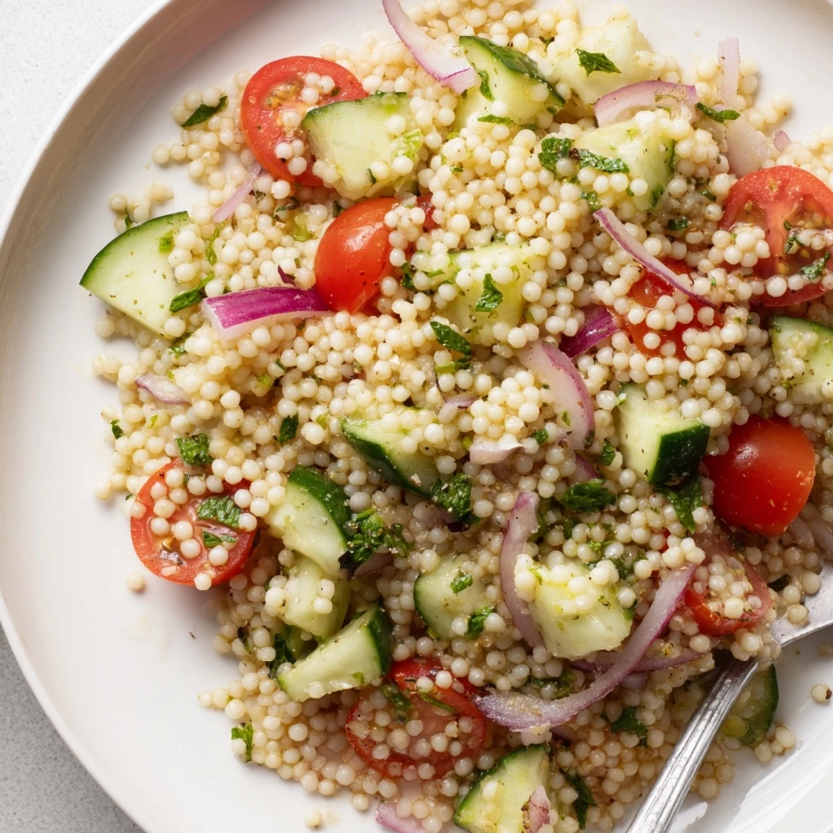 Serve Cucumber Lemon Couscous Salad with grilled shrimp for a vibrant meal.